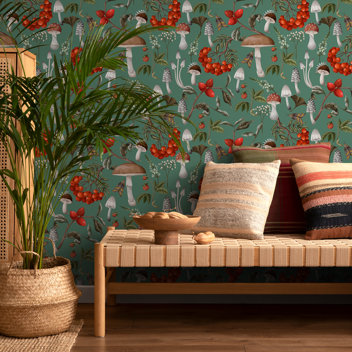 Botanical Wallpaper with Mushrooms and Berries in Green, Red, and Brown - D818