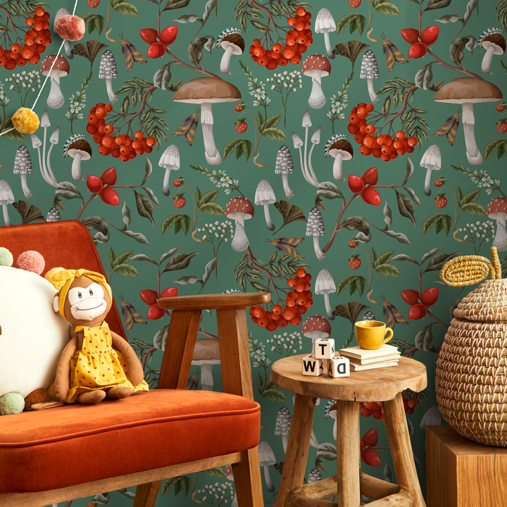 Botanical Wallpaper with Mushrooms and Berries in Green, Red, and Brown - D818