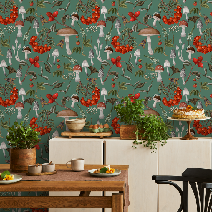 Botanical Wallpaper with Mushrooms and Berries in Green, Red, and Brown - D818