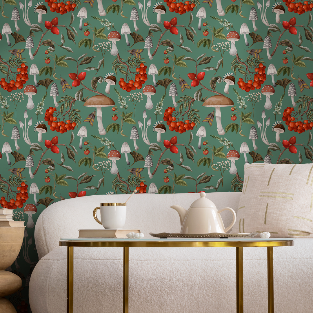 Botanical Wallpaper with Mushrooms and Berries in Green, Red, and Brown - D818