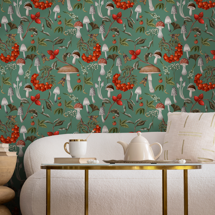 Botanical Wallpaper with Mushrooms and Berries in Green, Red, and Brown - D818