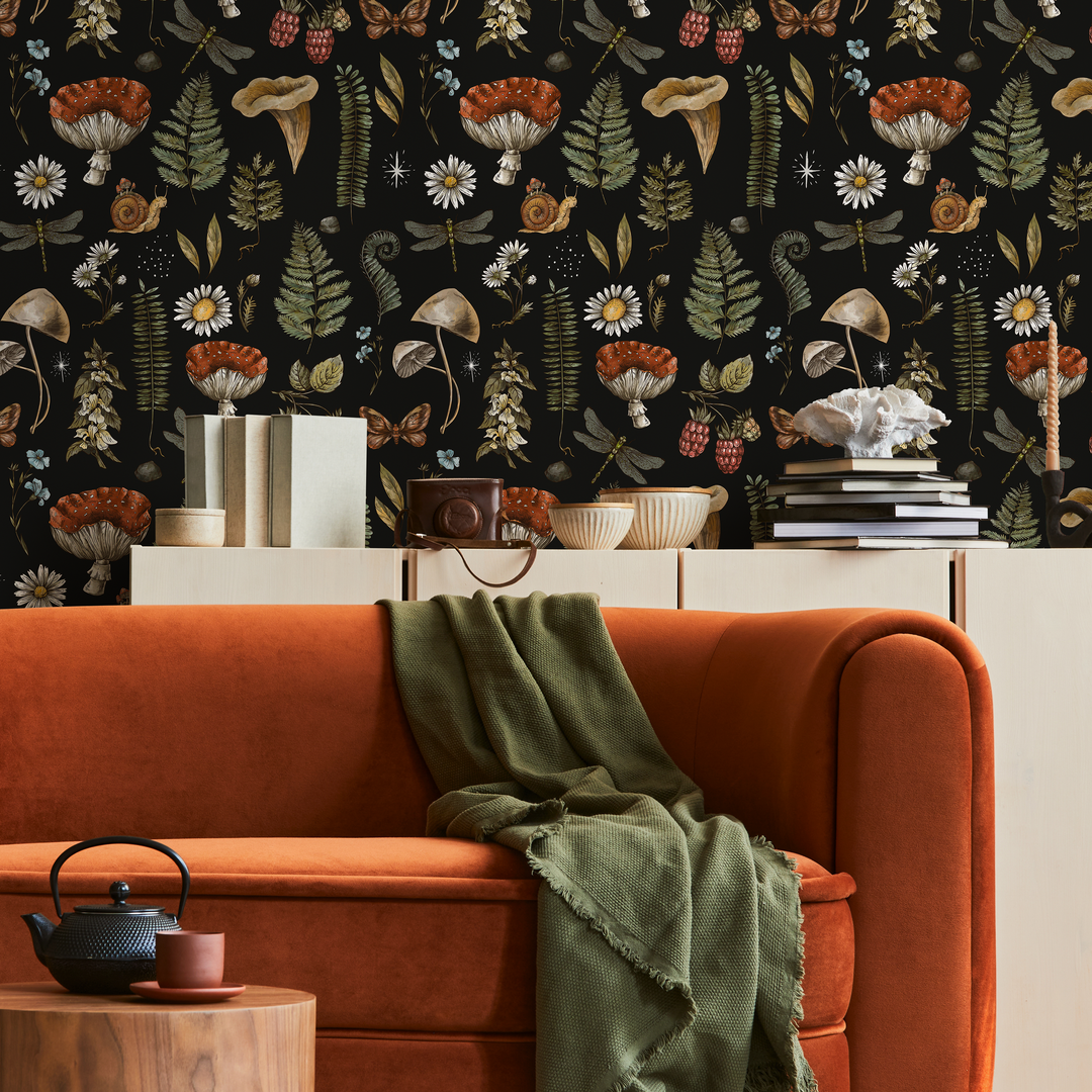 Mushroom Wallpaper with Woodland Botanicals in Black, Brown, and Green - D821