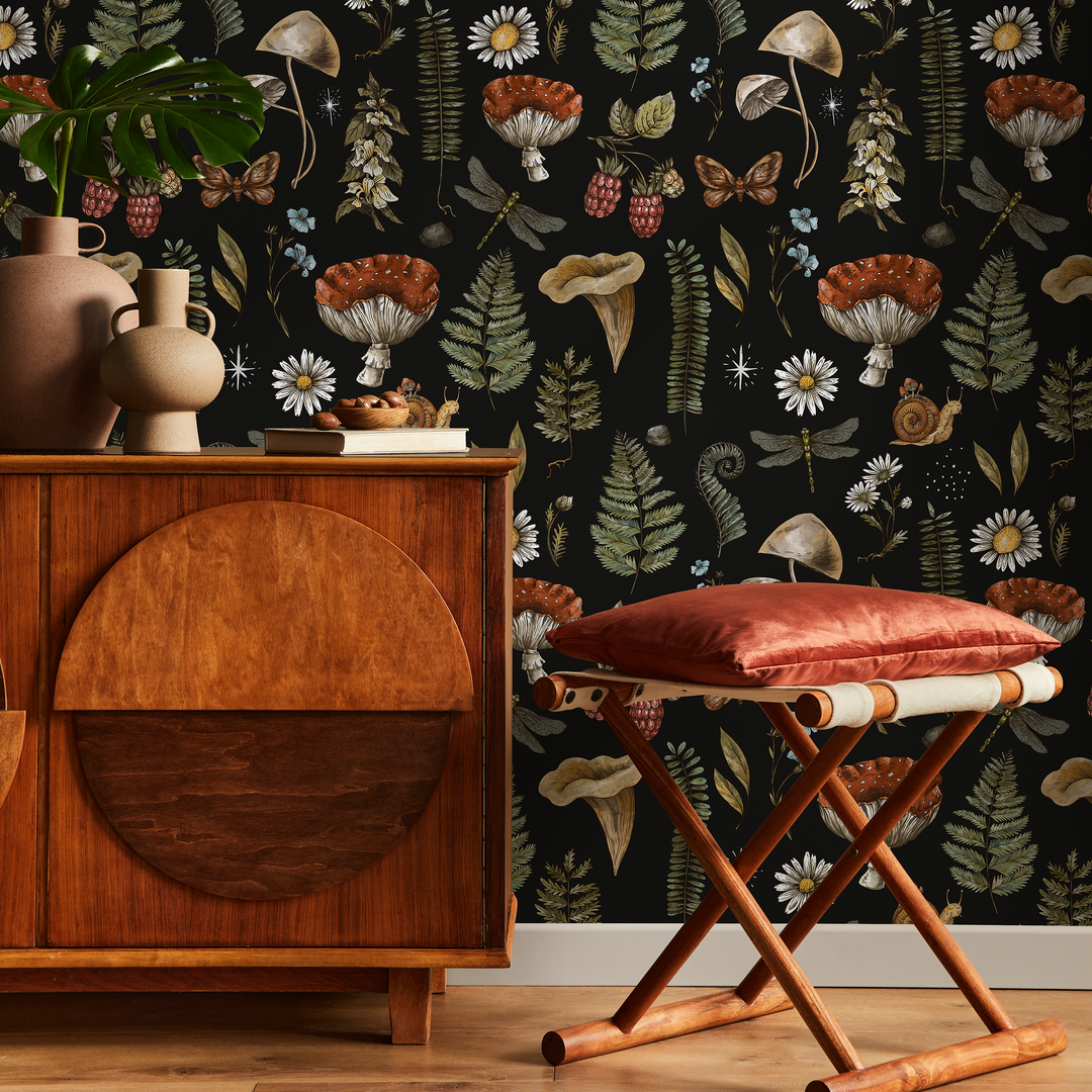Mushroom Wallpaper with Woodland Botanicals in Black, Brown, and Green - D821