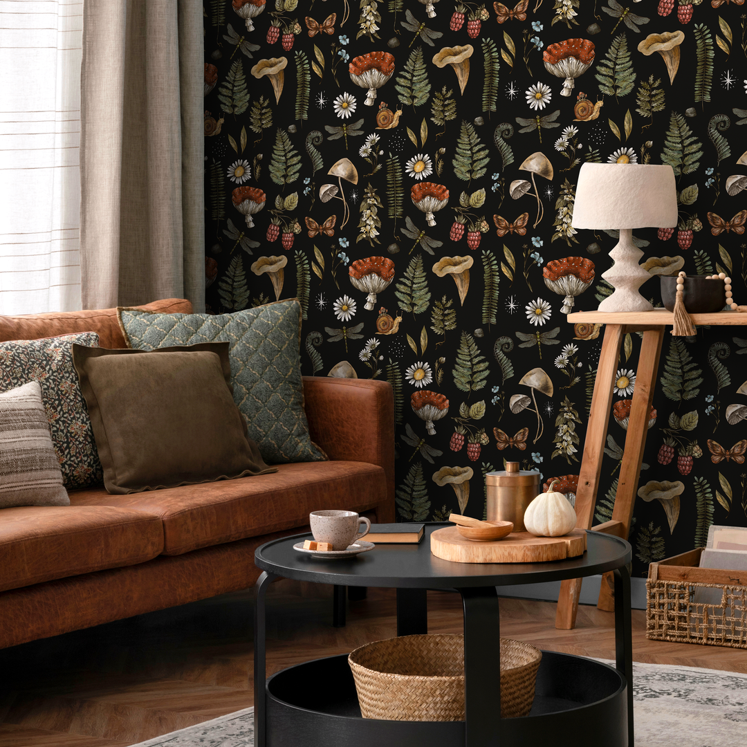 Mushroom Wallpaper with Woodland Botanicals in Black, Brown, and Green - D821