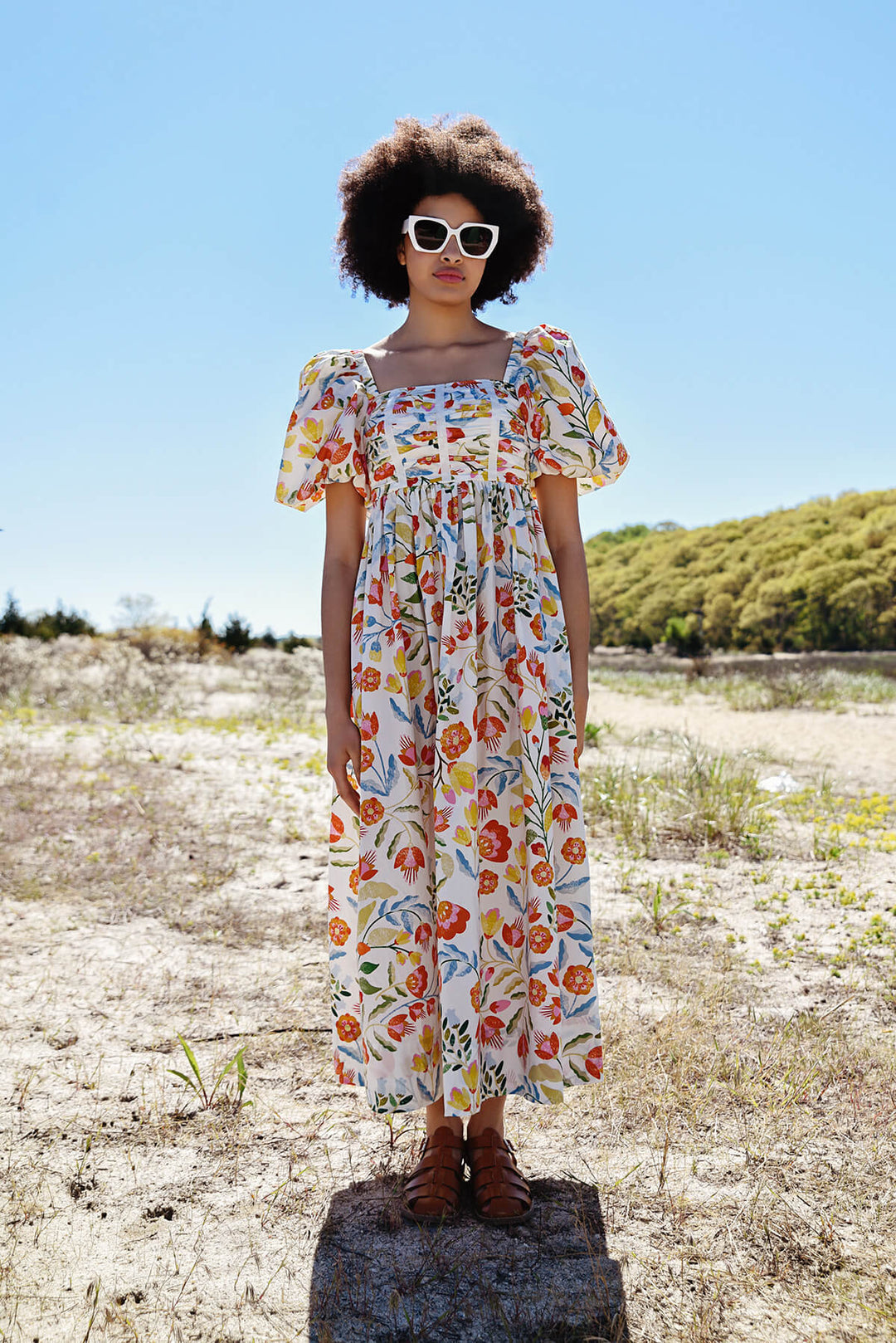 Flower Land Square Neck Cotton Midi Dress