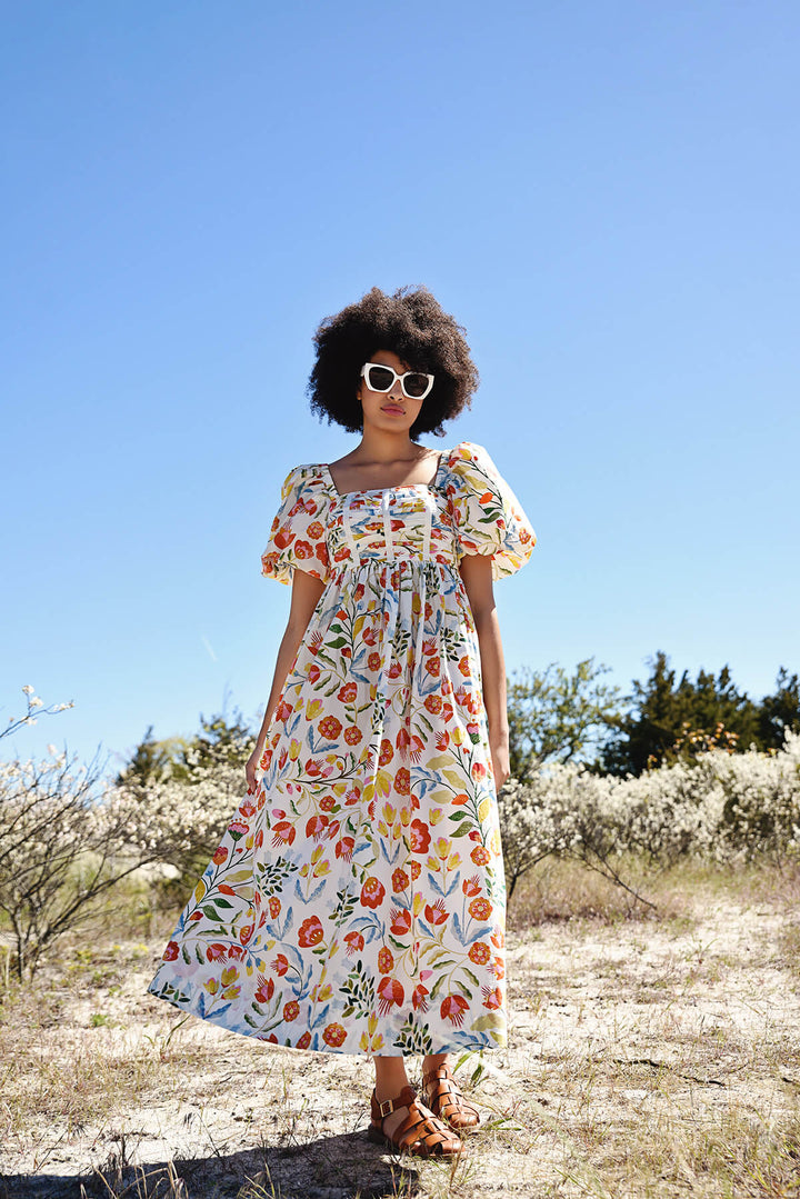 Flower Land Square Neck Cotton Midi Dress