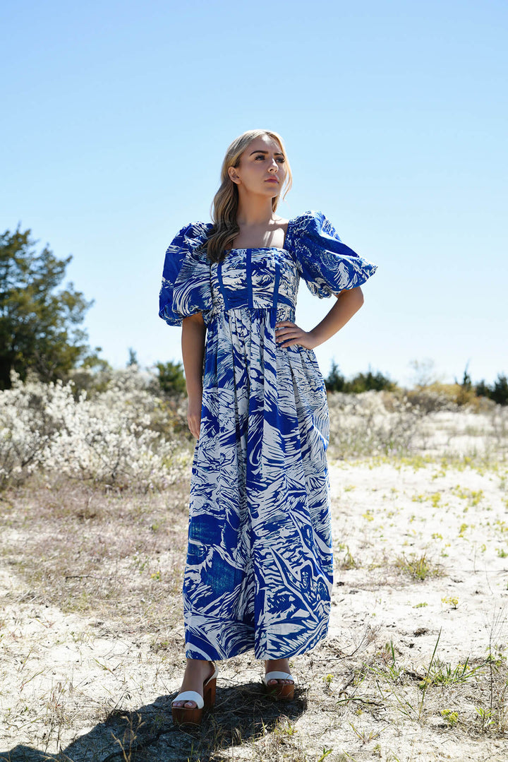 Blue Printmaking Square-Neck Cotton Midi Dress