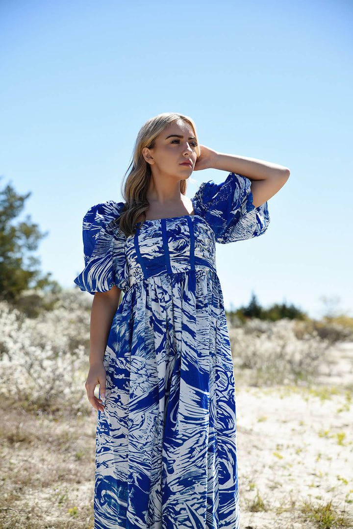 Blue Printmaking Square-Neck Cotton Midi Dress