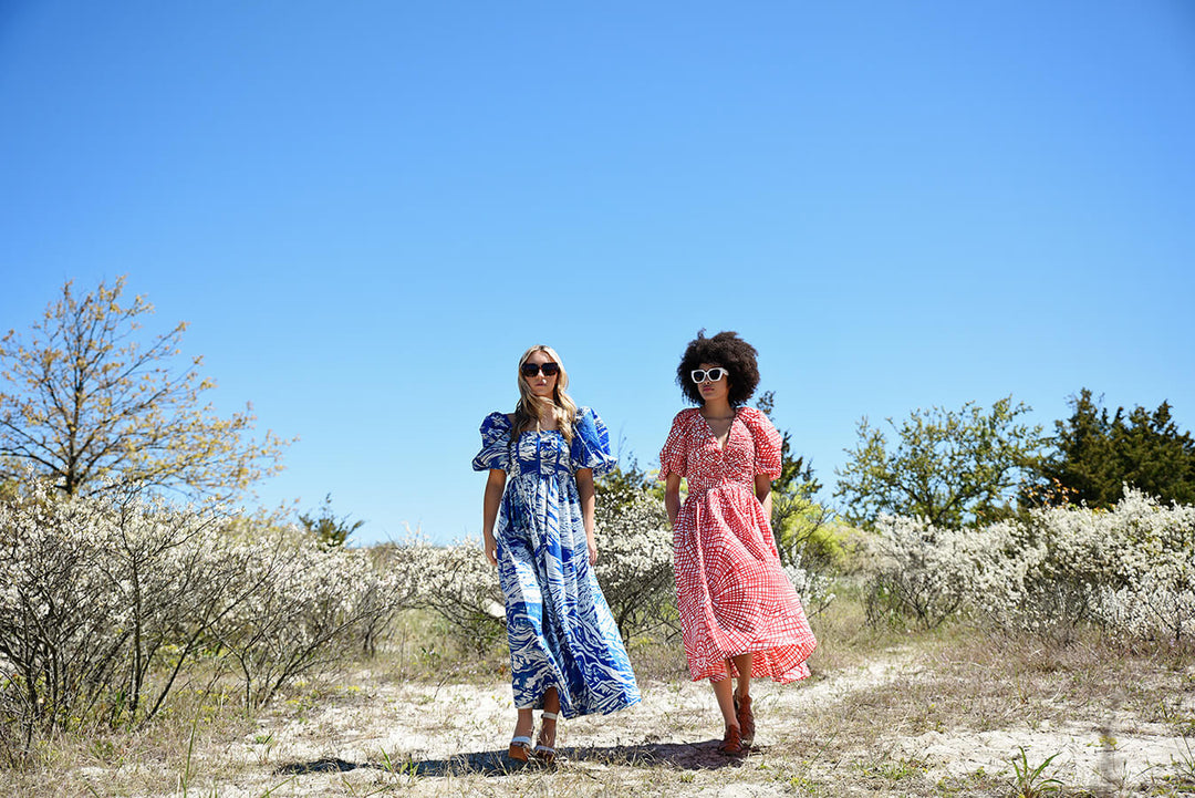 Blue Printmaking Square-Neck Cotton Midi Dress