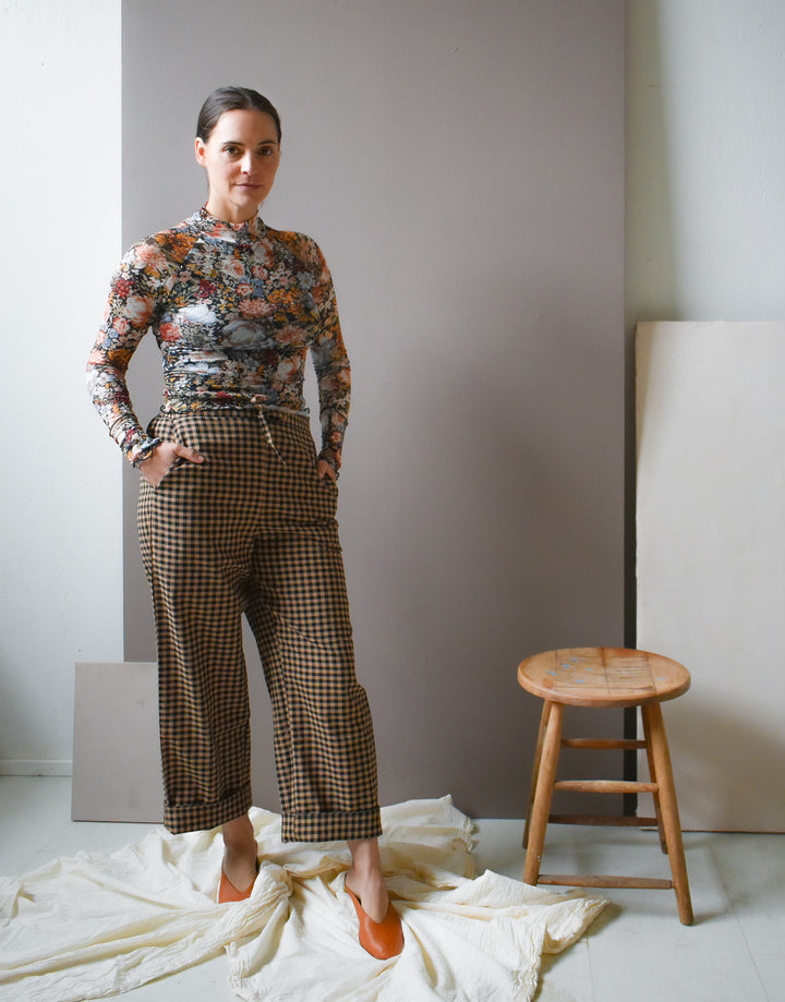 Emmy Drawstring Pant Black and Tan Small Gingham
