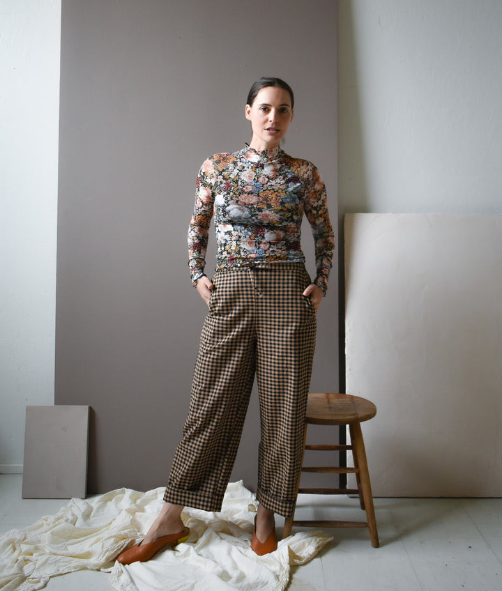 Emmy Drawstring Pant Black and Tan Small Gingham
