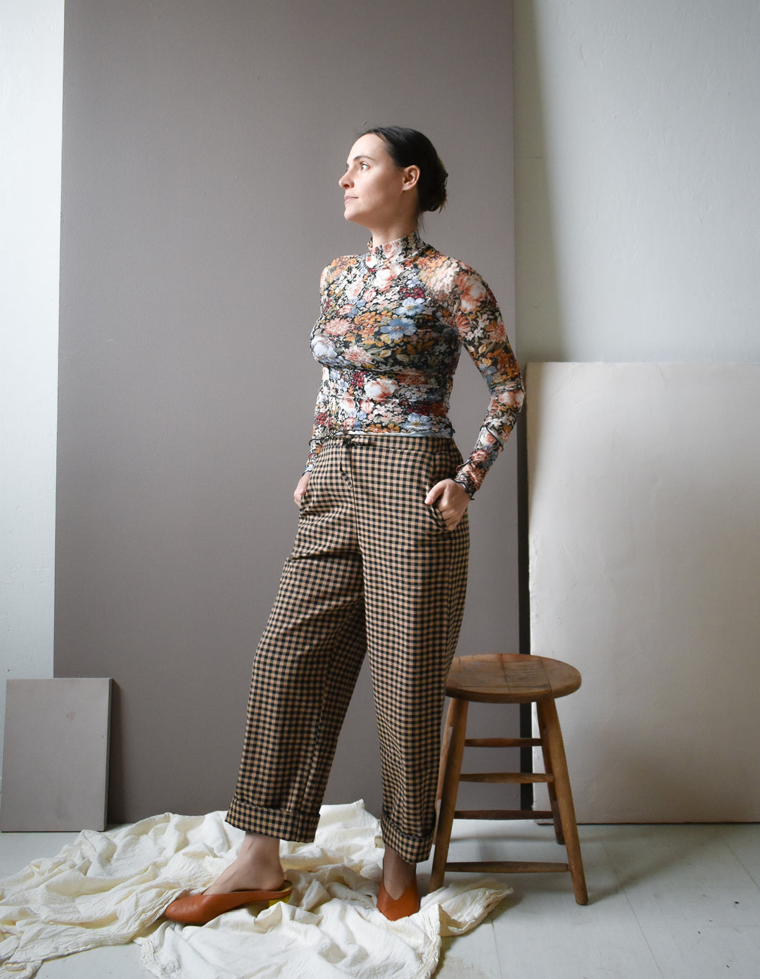 Emmy Drawstring Pant Black and Tan Small Gingham