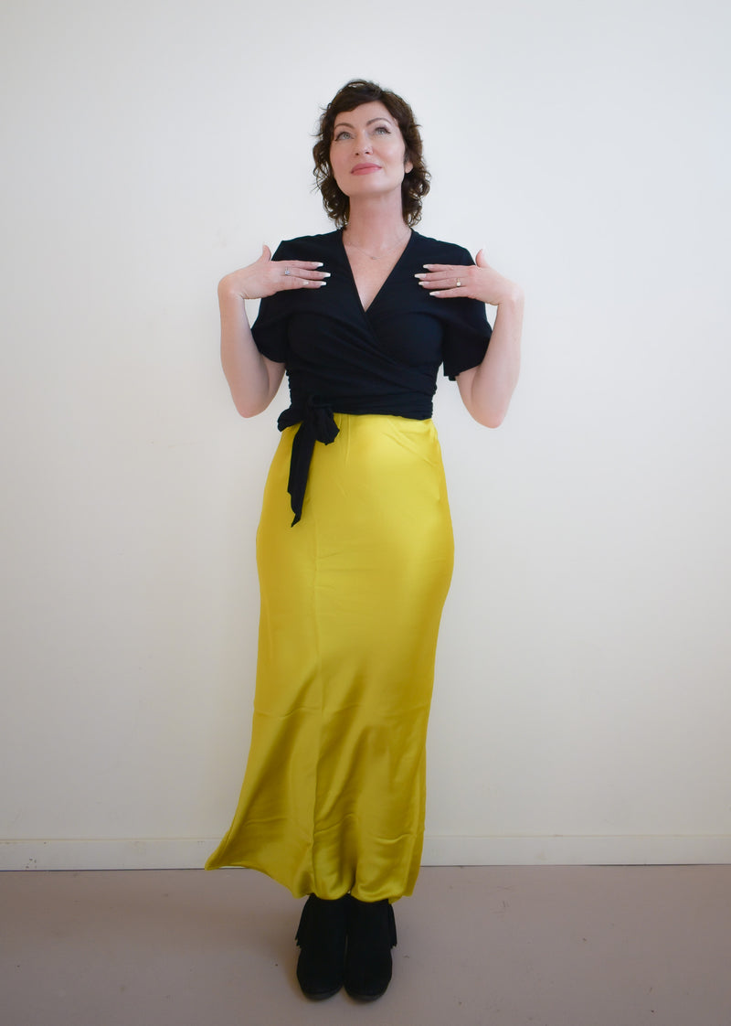 Chartreuse Sateen Bias-Cut Midi-Skirt