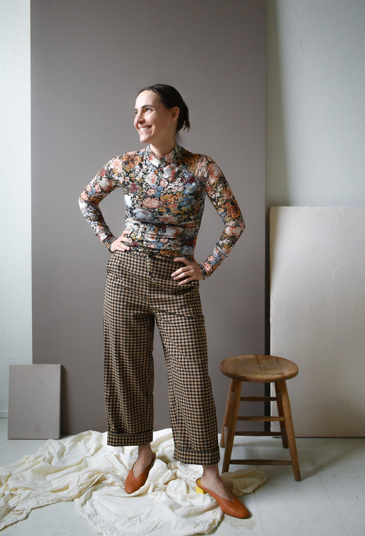 Emmy Drawstring Pant Black and Tan Small Gingham