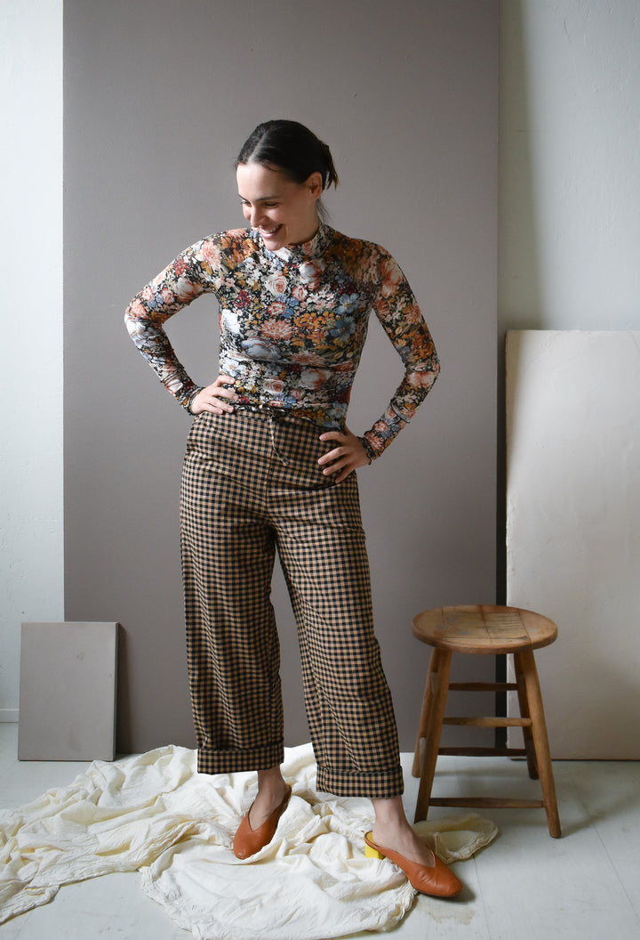 Emmy Drawstring Pant Black and Tan Small Gingham