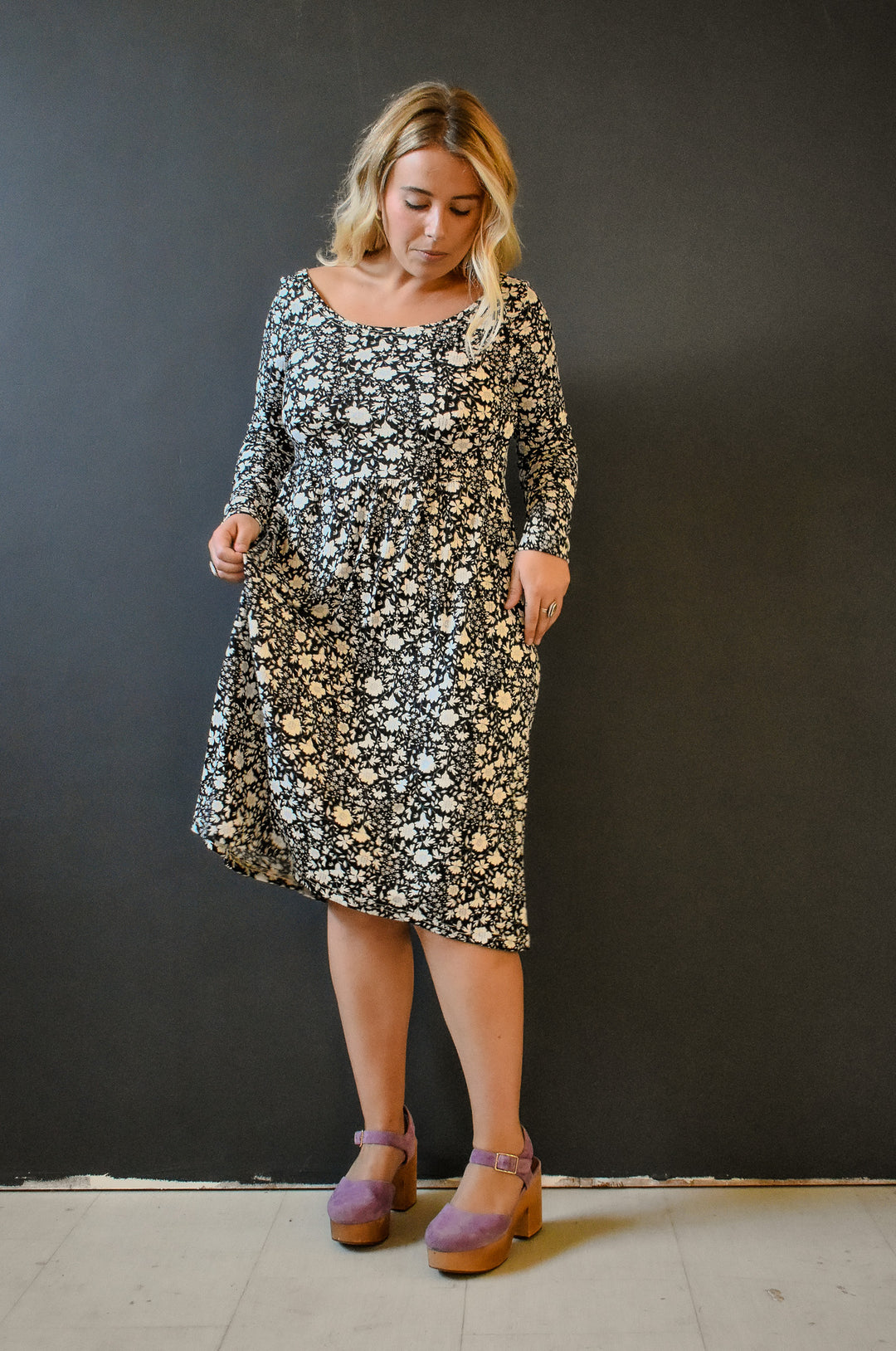Megumi Rib Knit in Black and White Ditsy Floral