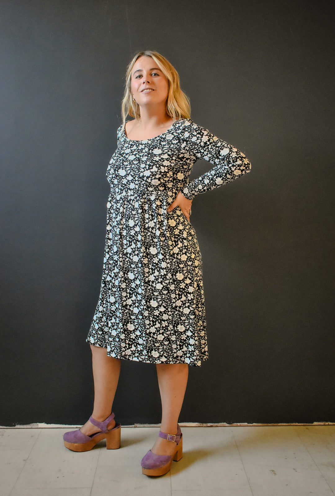 Megumi Rib Knit in Black and White Ditsy Floral