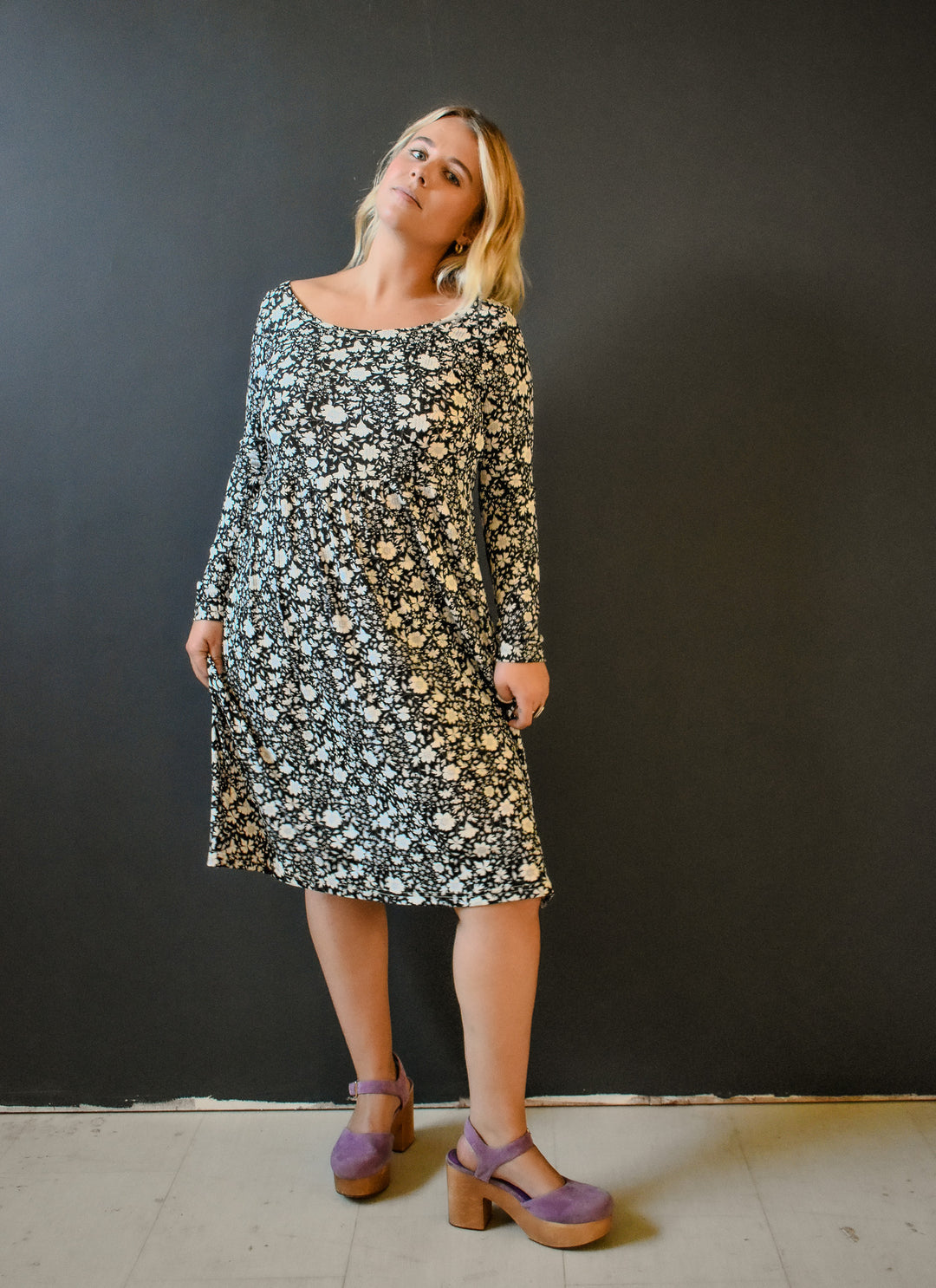 Megumi Rib Knit in Black and White Ditsy Floral