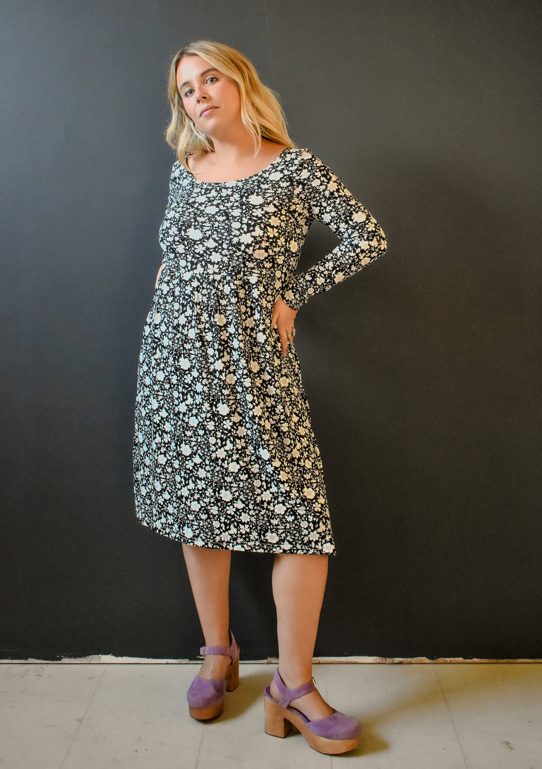 Megumi Rib Knit in Black and White Ditsy Floral