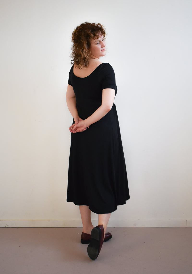 Megumi Dress in Black Ribknit Midi Sleeve