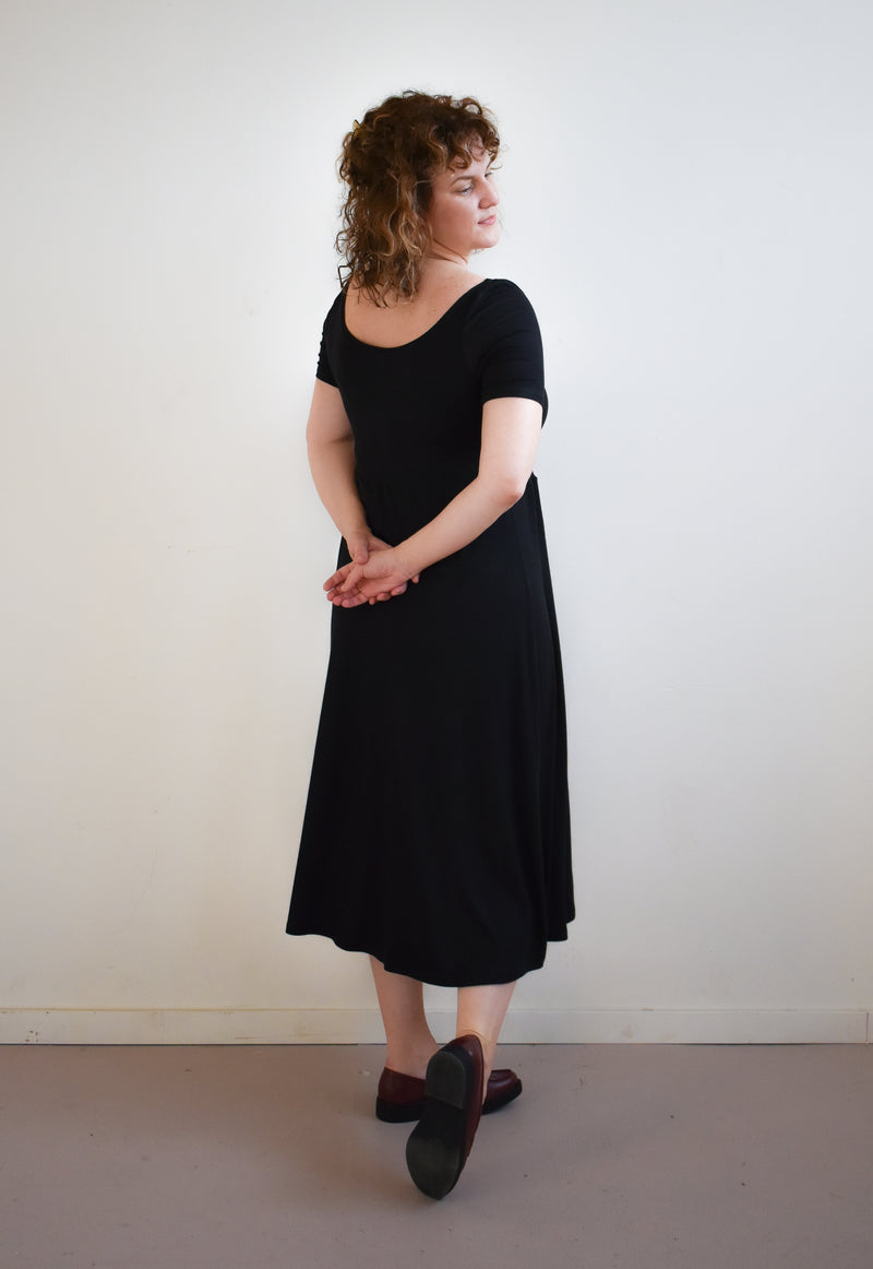 Megumi Dress in Black Ribknit Midi Sleeve