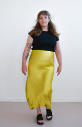 Chartreuse Sateen Bias-Cut Midi-Skirt