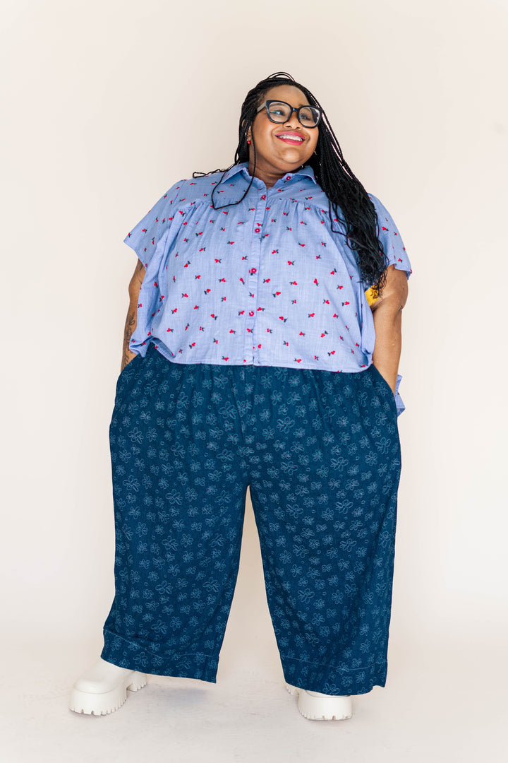 Button Mushroom Top in Cornflower Cherry Cotton