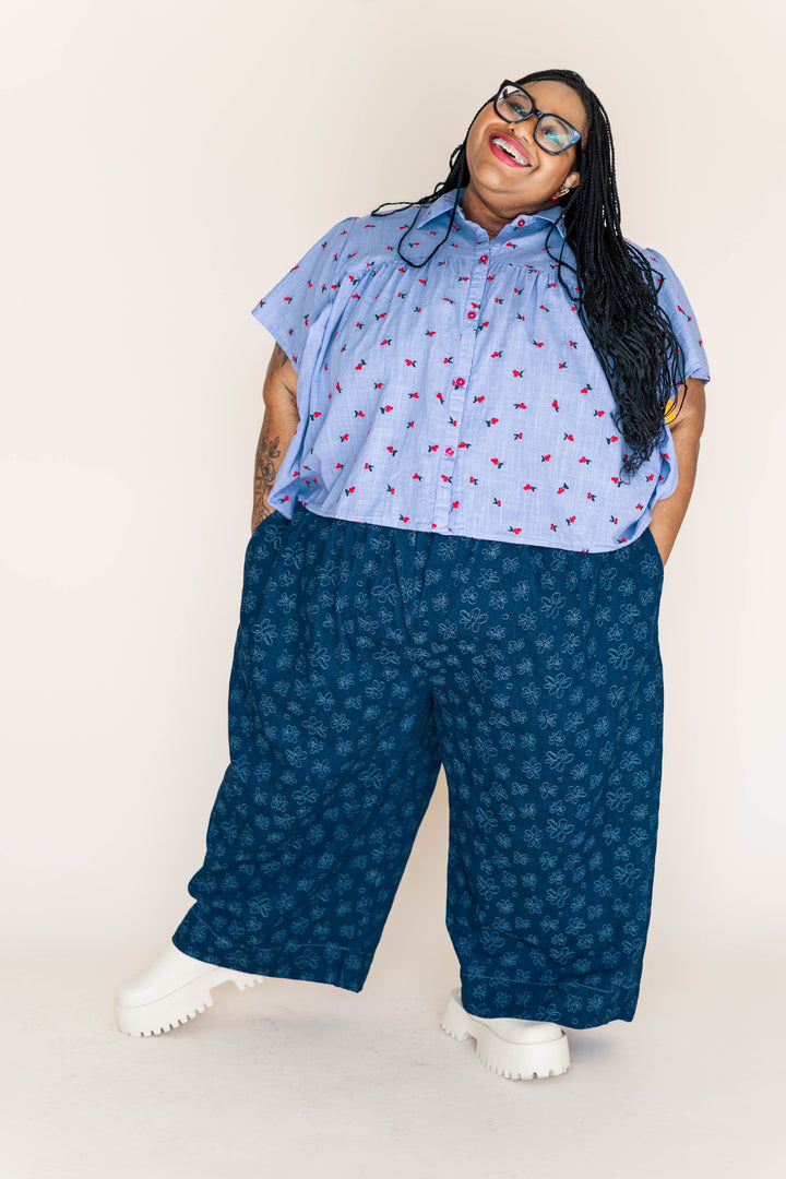 Button Mushroom Top in Cornflower Cherry Cotton