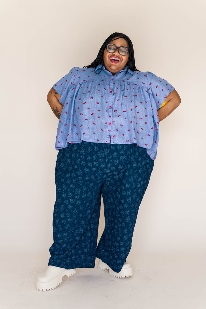 Button Mushroom Top in Cornflower Cherry Cotton