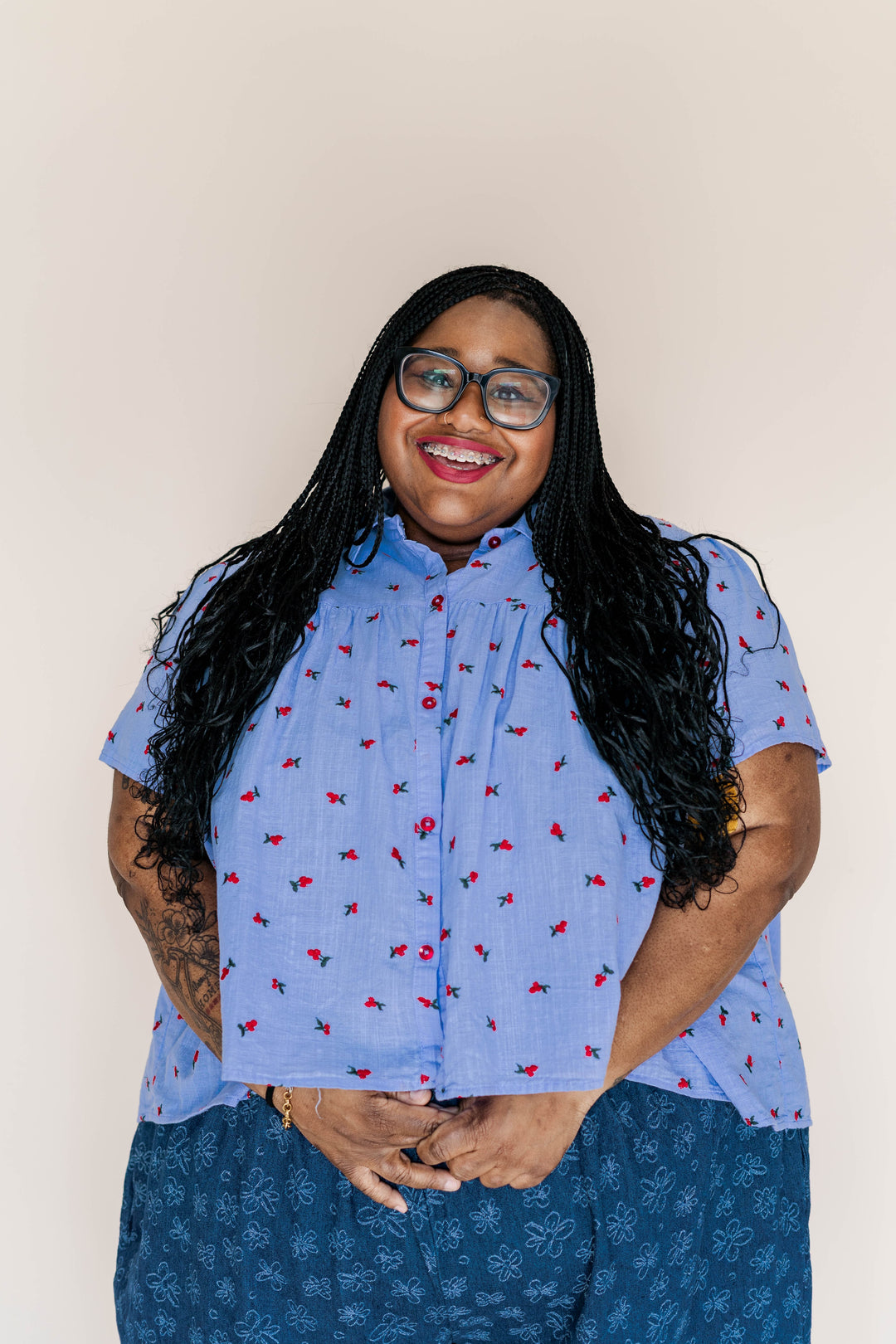 Button Mushroom Top in Cornflower Cherry Cotton