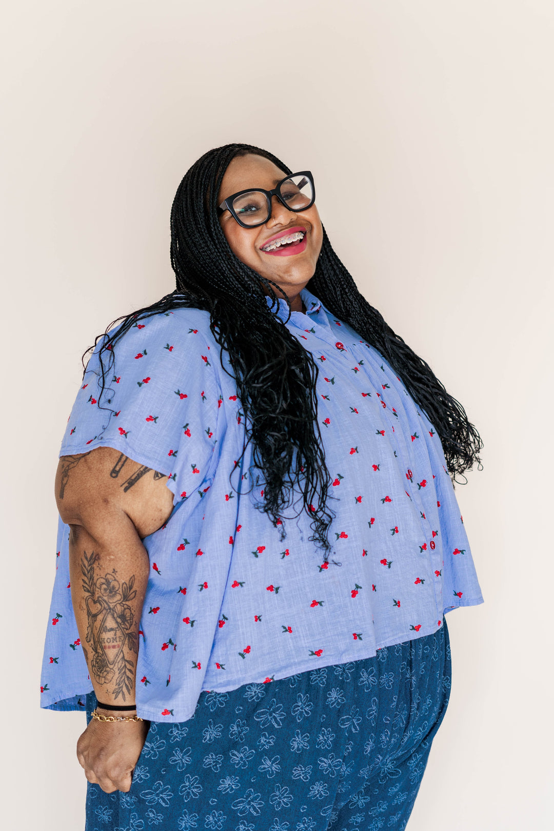 Button Mushroom Top in Cornflower Cherry Cotton