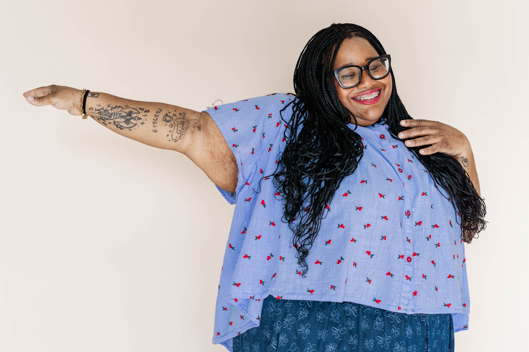 Button Mushroom Top in Cornflower Cherry Cotton