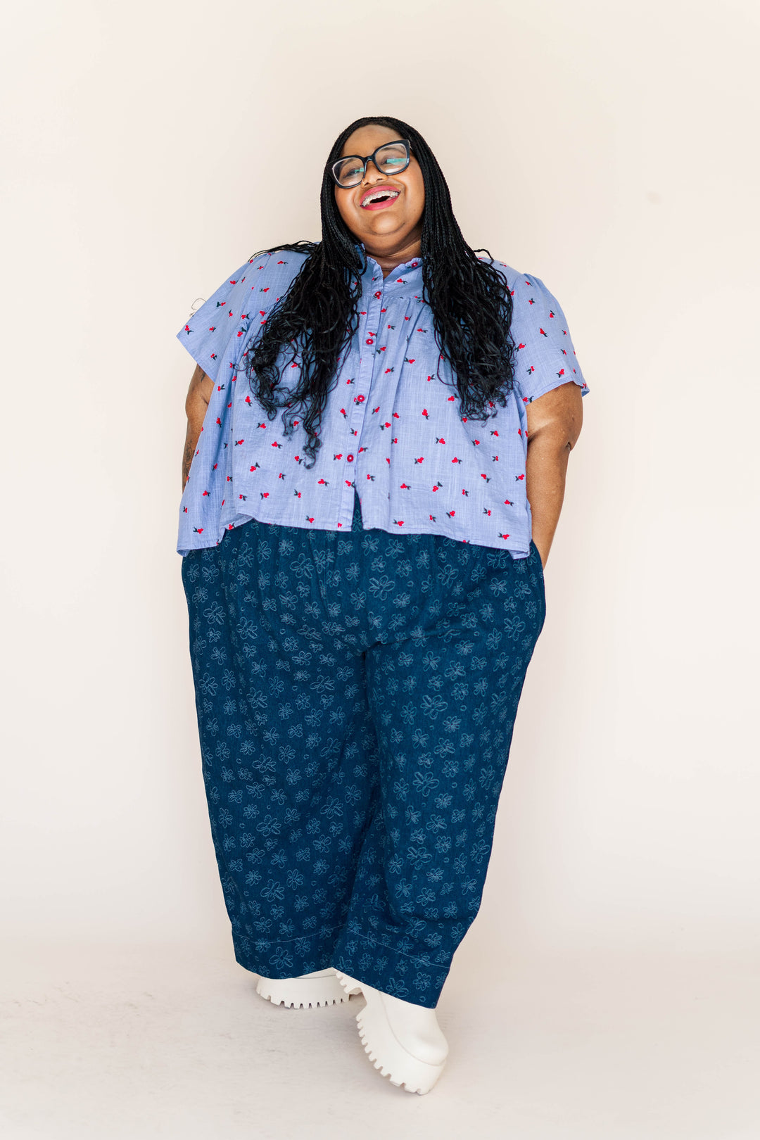 Button Mushroom Top in Cornflower Cherry Cotton