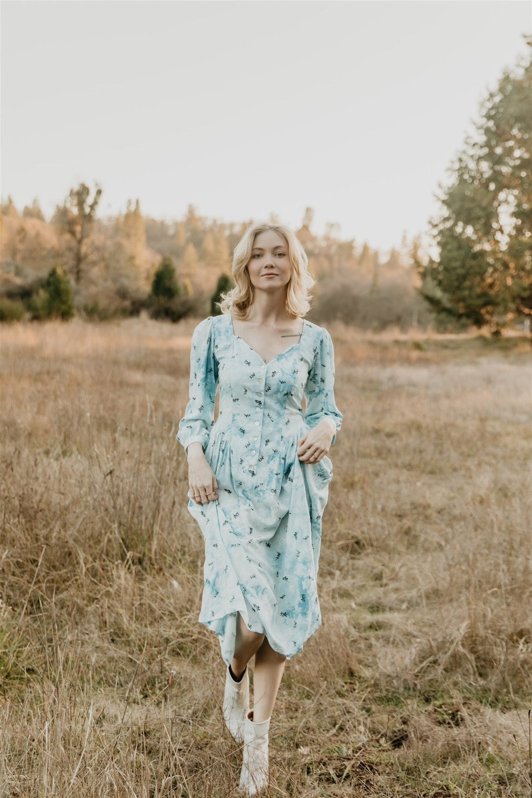 Prairie Dress in Blue Cloud Rose Challis