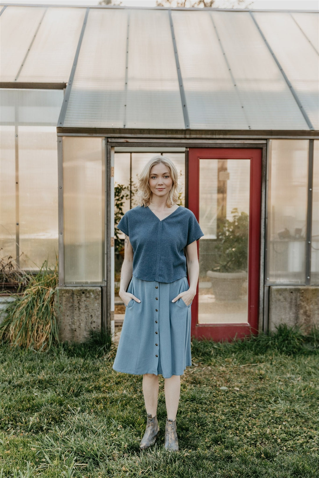 Dolman Top in Blue Cotton Woven Waffle