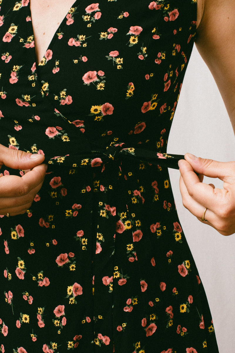 Thea Dress in Black Floral Challis