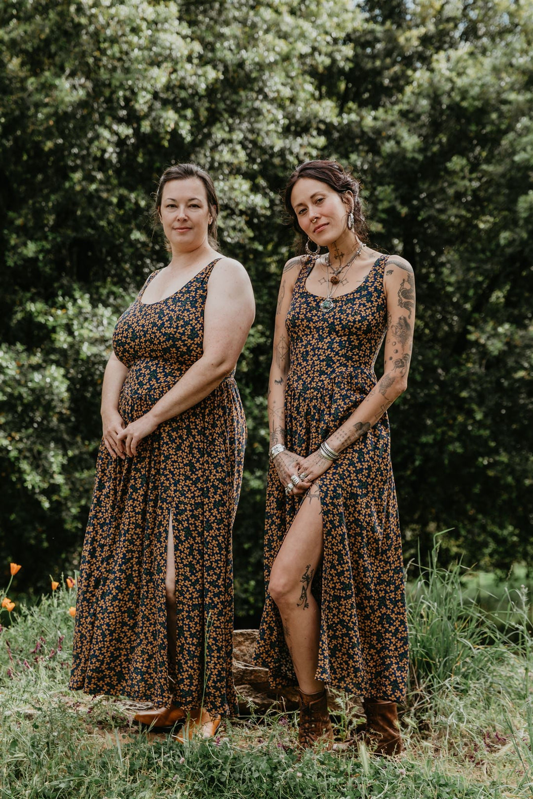 Long Agnes Dress in Blue & Brown Floral Crepe