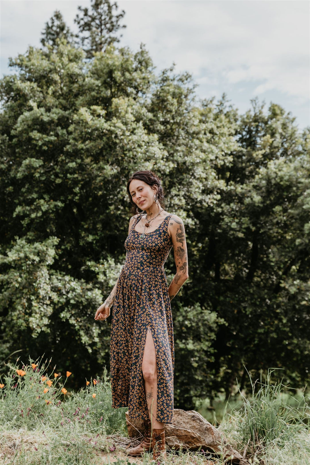 Long Agnes Dress in Blue & Brown Floral Crepe