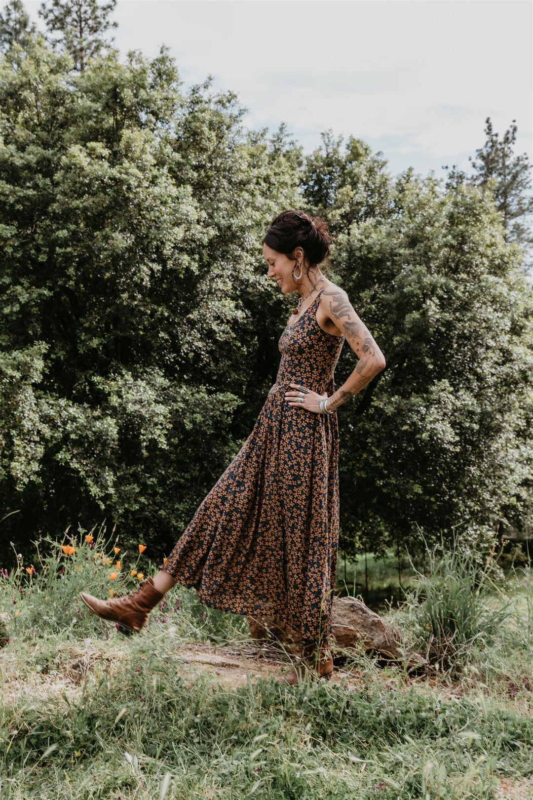 Long Agnes Dress in Blue & Brown Floral Crepe