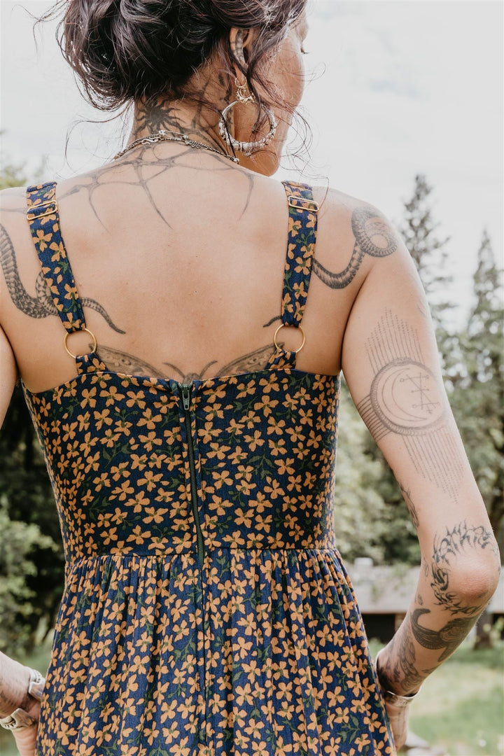 Long Agnes Dress in Blue & Brown Floral Crepe
