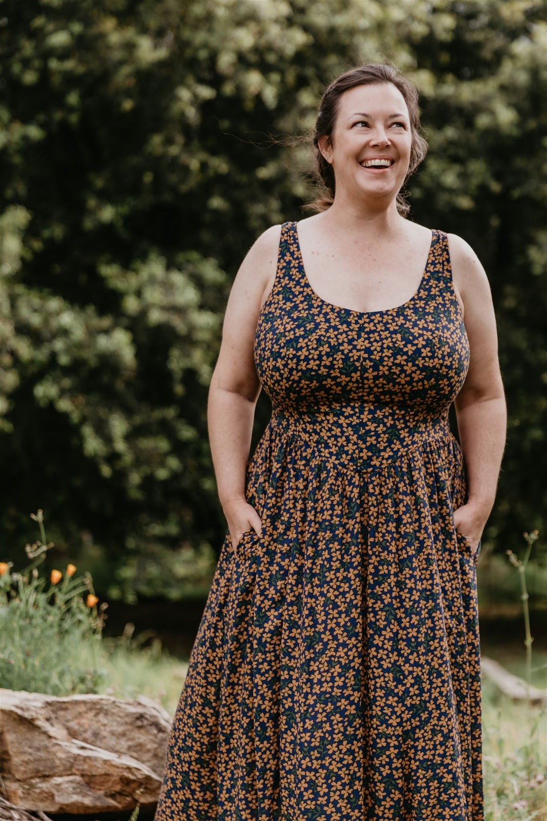 Long Agnes Dress in Blue & Brown Floral Crepe
