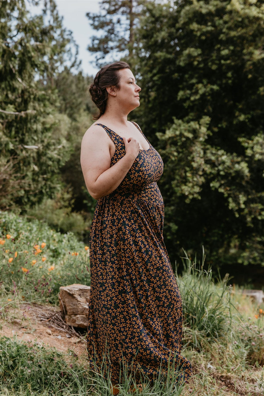 Long Agnes Dress in Blue & Brown Floral Crepe