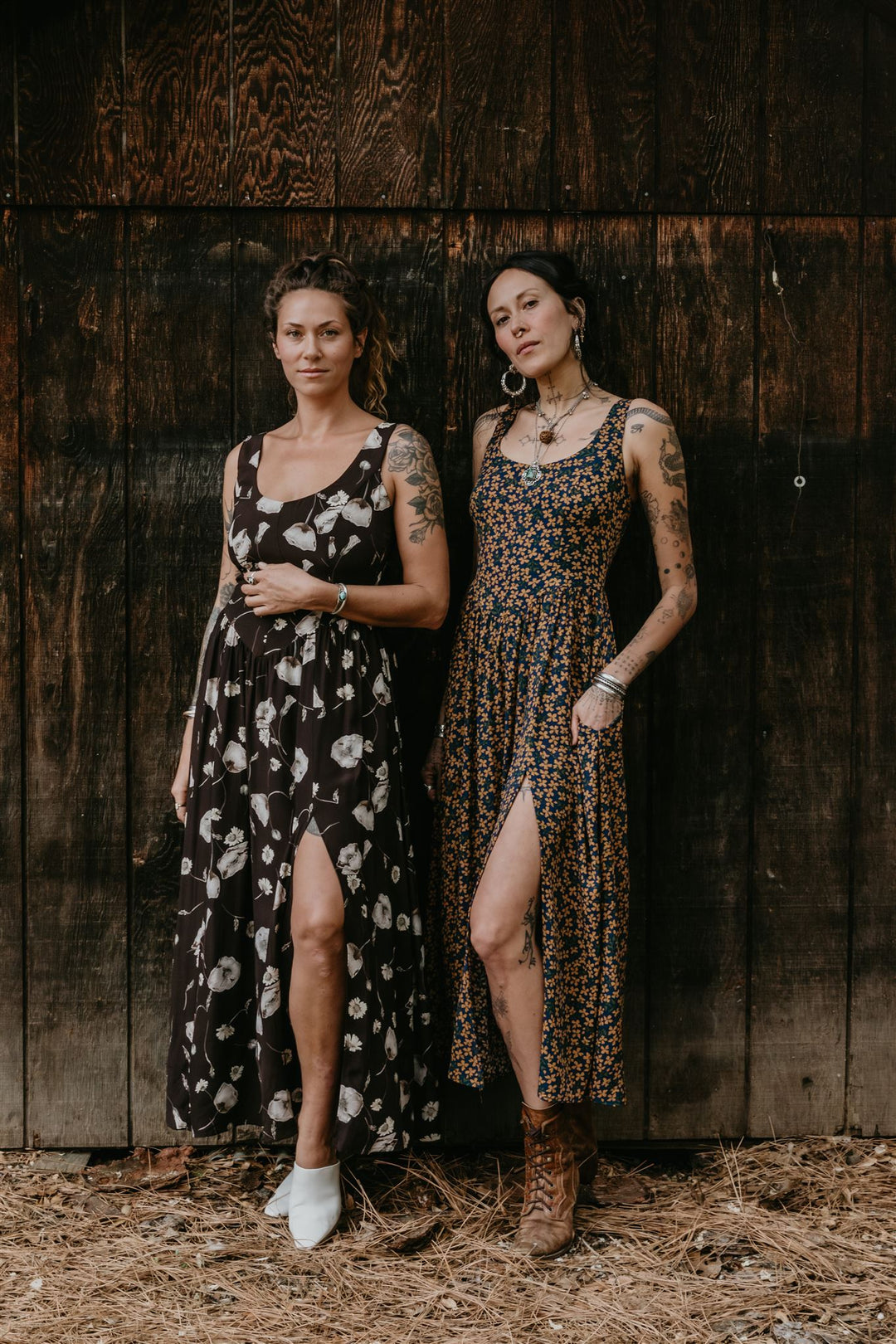 Long Agnes Dress in Blue & Brown Floral Crepe