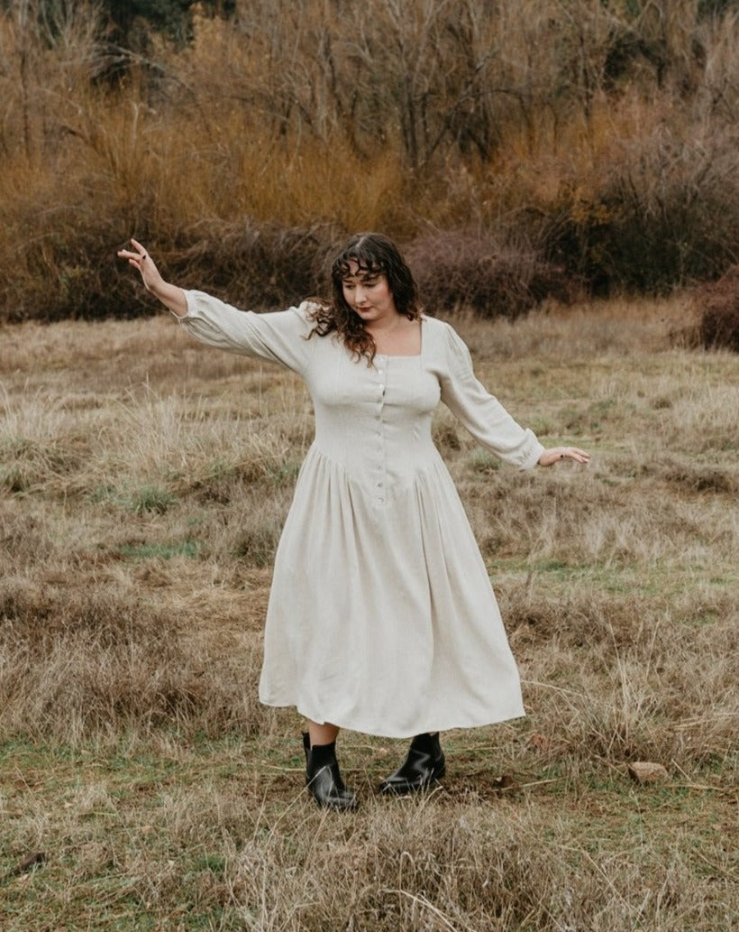 linen prairie dress 1950s Linen Dress, Vintage Style Dress, Simple Bridesmaid Dress, Prairie Dress, Long Sleeves Dress, Midi Dress for Women, Plus Size Dress