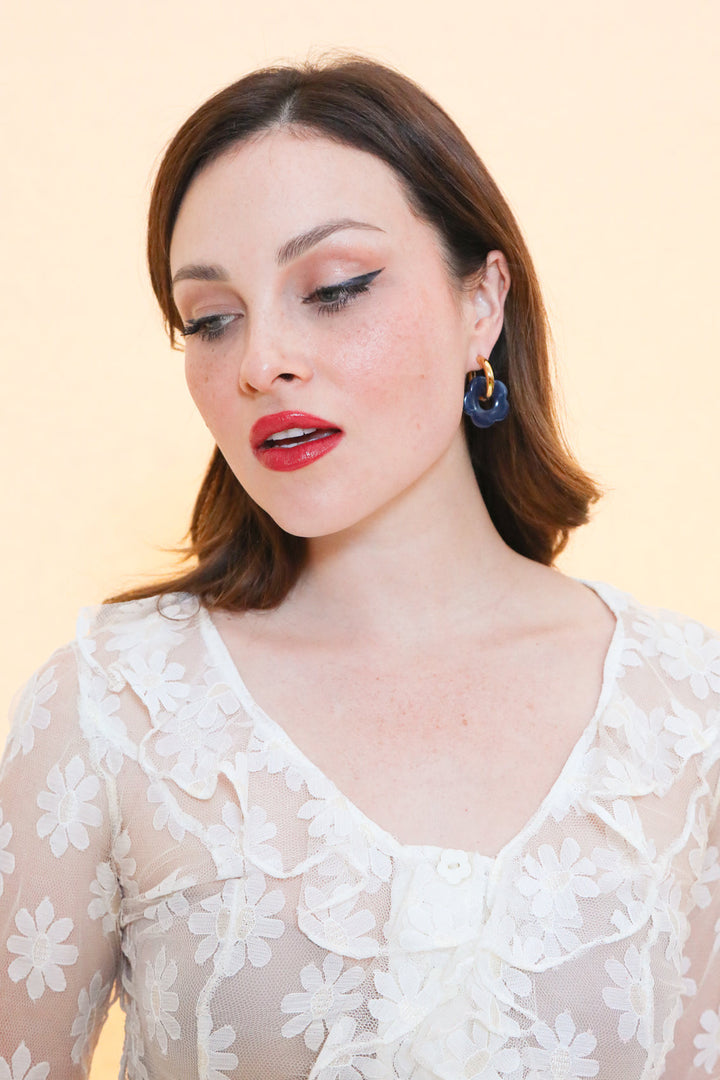 Gold Flower Hoop Earrings in Indigo
