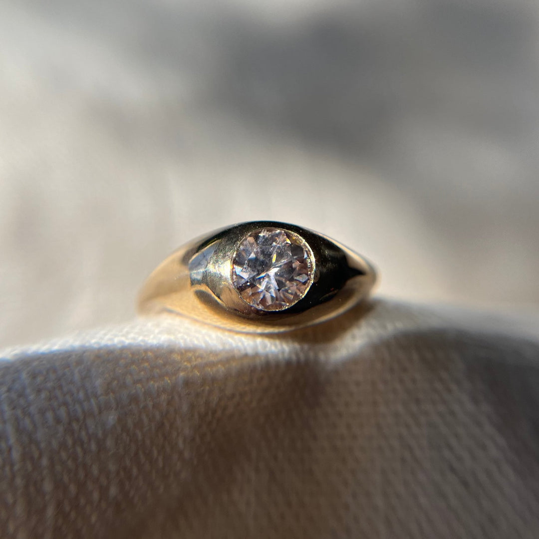 Hand Carved 14k Yellow Gold Zircon Wavy Ring - Size 6.5 - One of a Kind