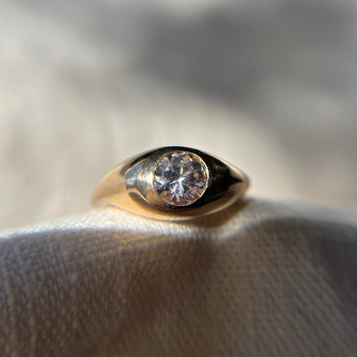 Hand Carved 14k Yellow Gold Zircon Wavy Ring - Size 6.5 - One of a Kind