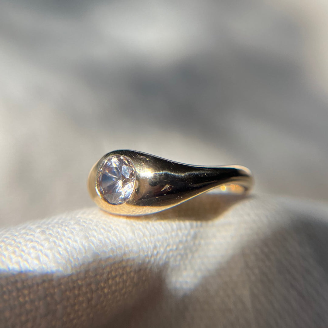 Hand Carved 14k Yellow Gold Zircon Wavy Ring - Size 6.5 - One of a Kind