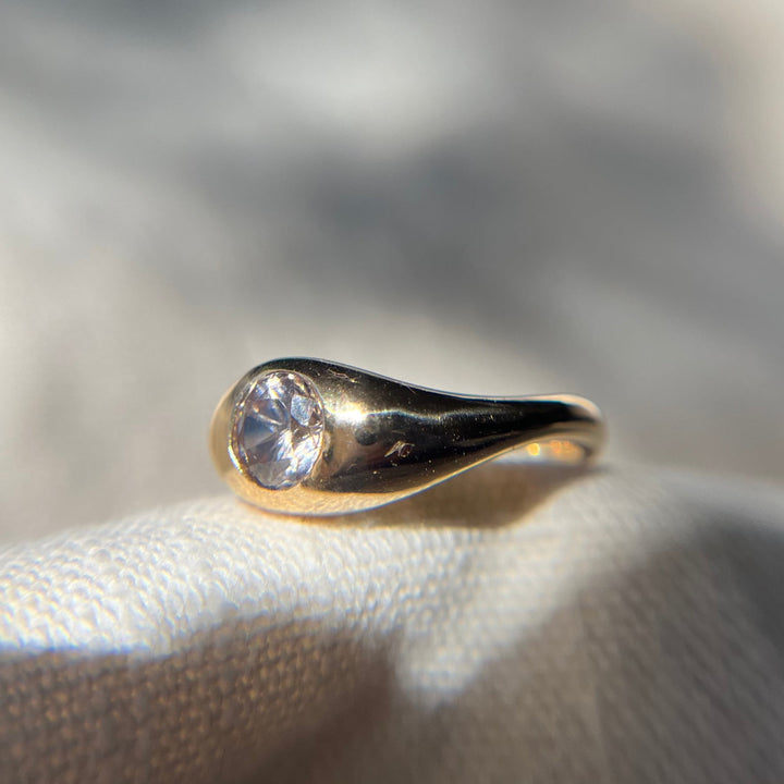 Hand Carved 14k Yellow Gold Zircon Wavy Ring - Size 6.5 - One of a Kind