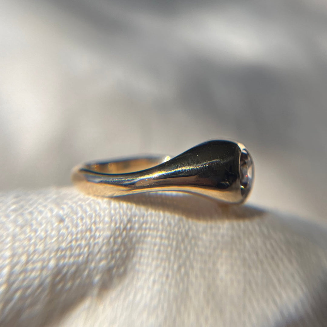 Hand Carved 14k Yellow Gold Zircon Wavy Ring - Size 6.5 - One of a Kind